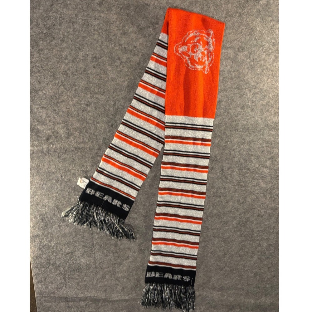 Chicago Bears NFL Knit Scarf Metallic Silver Glitter Orange Navy Blue Striped